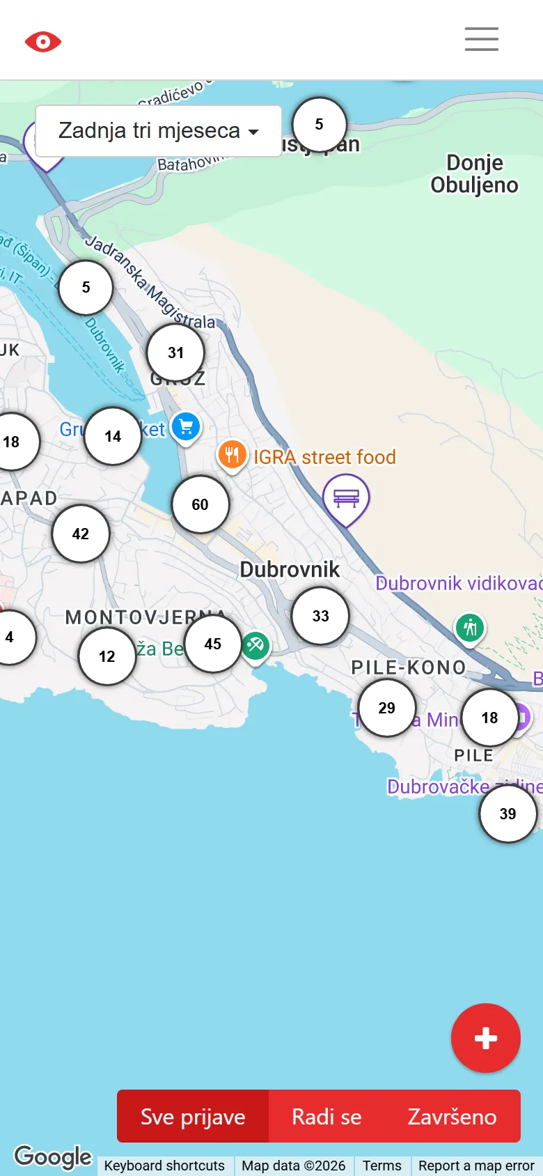 Dubrovačko oko on a phone, with the map and a button to report a new problem