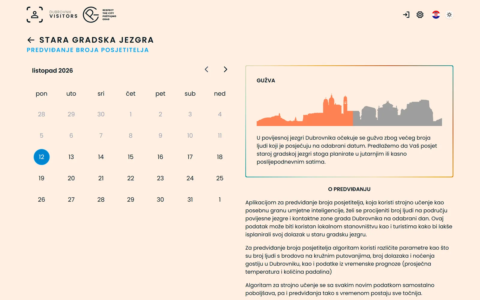 Visitor forecast: a month calendar next to a city skyline filled to show the expected crowd and advice on when to visit