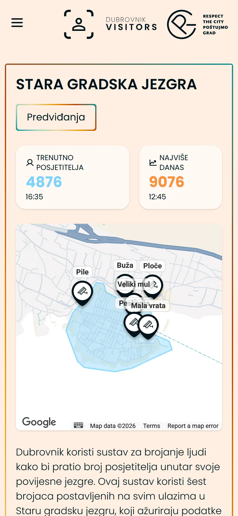 Dubrovnik Visitors on a phone, with the current visitor count and the map