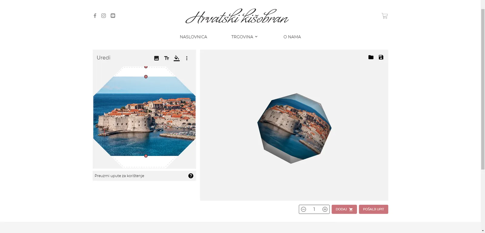 Umbrella configurator: a photo of Dubrovnik placed on a canopy panel, with a 3D preview of the finished umbrella