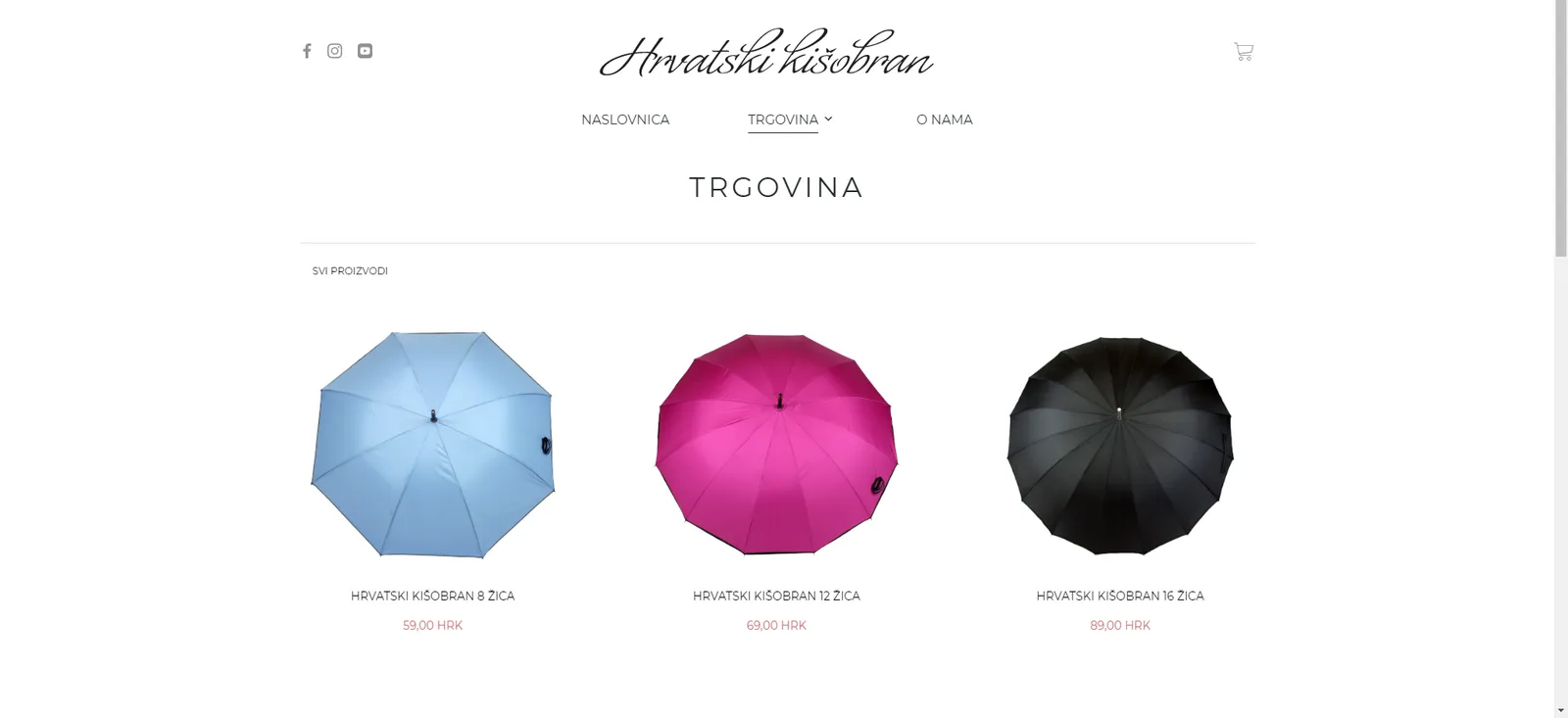 Hrvatski kišobran webshop with umbrellas in light blue, pink and black