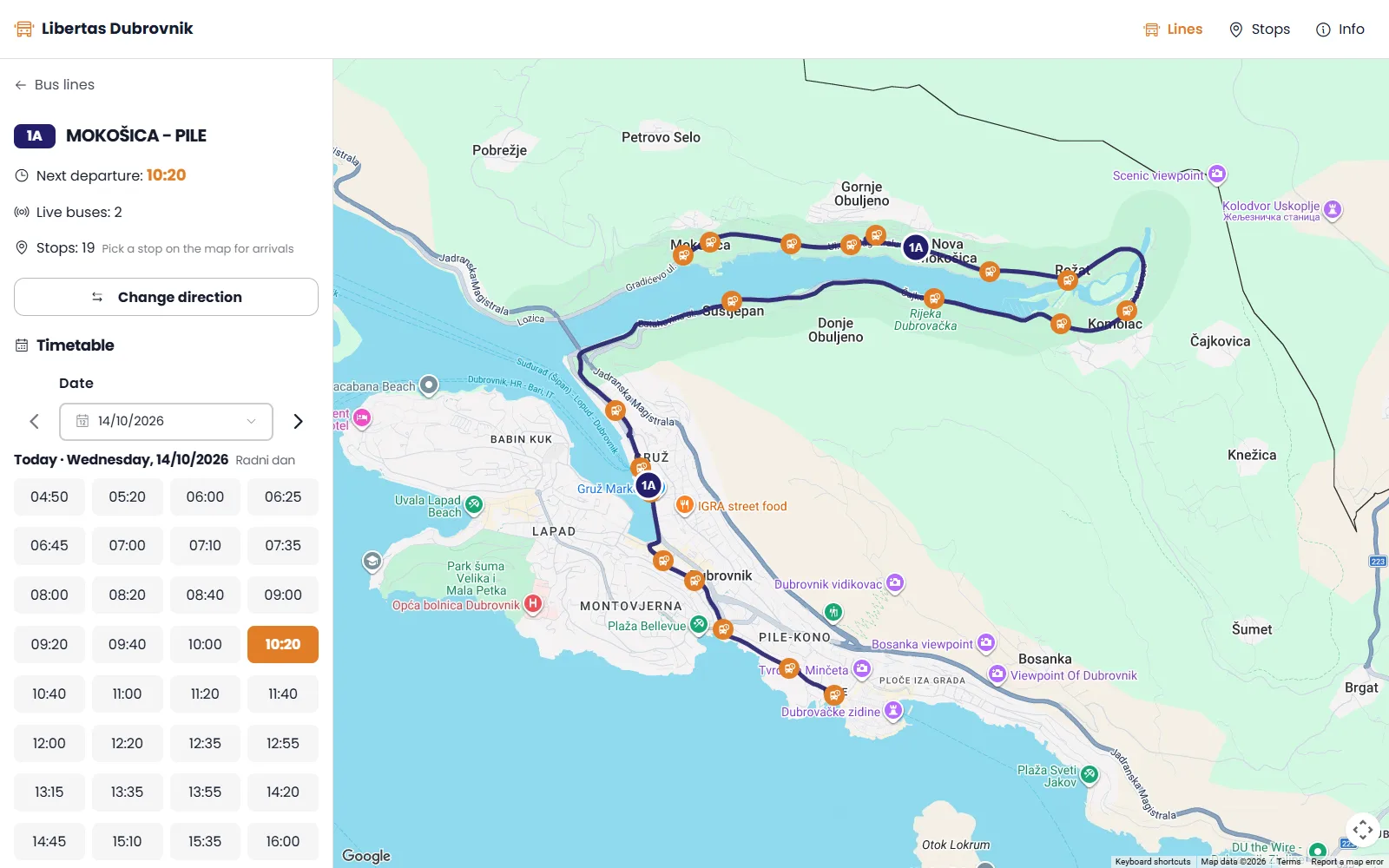 Line 1A from Mokošica to Pile: next departure, live buses, the route and its 19 stops on the map, and the day's timetable