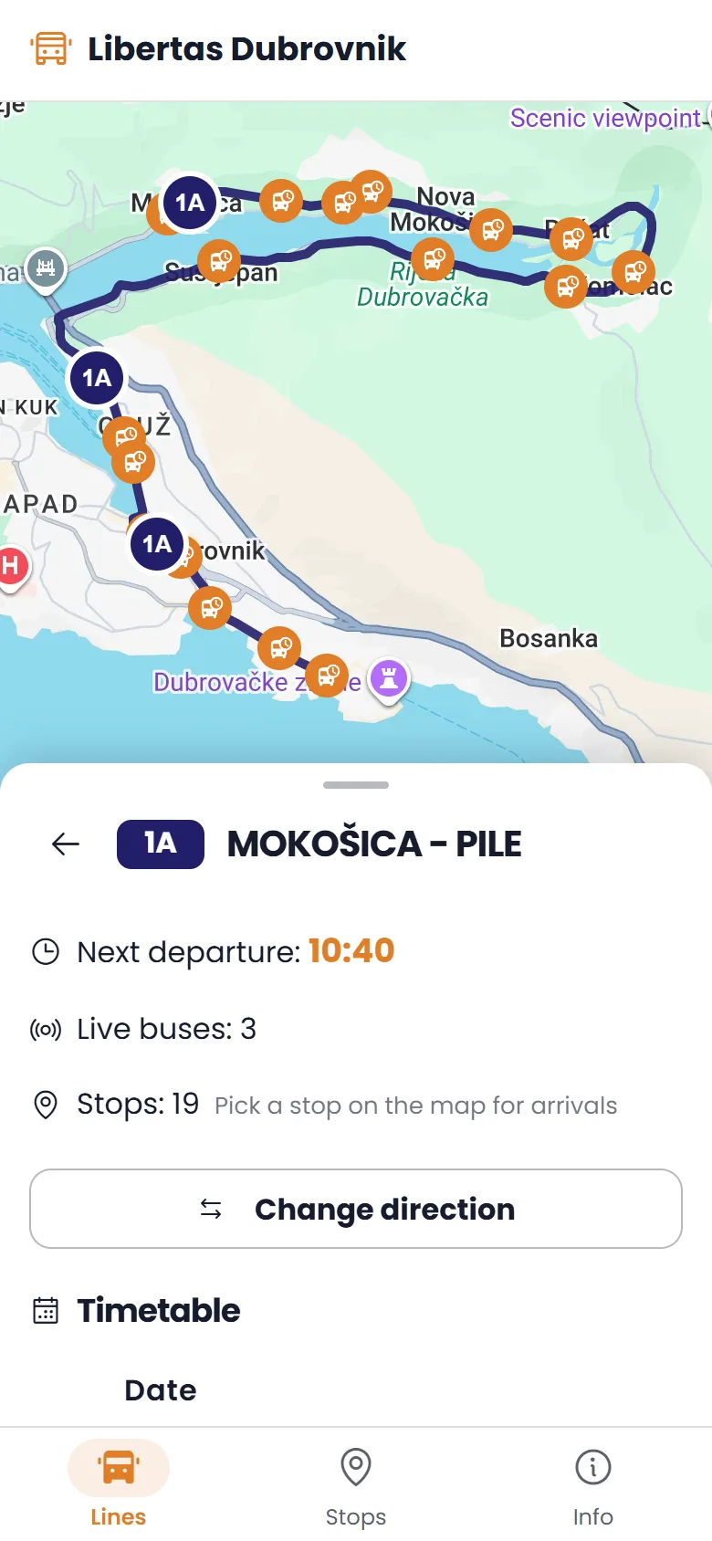 Line 1A on a phone, with the map above and the next departure and live buses in a sheet below